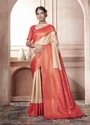 Bone White & Salmon Woven Kanjivaram Silk Saree For Traditional / Religious Occasions