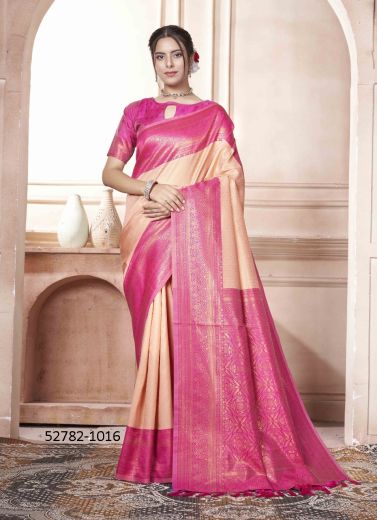 Light Peach & Magenta Woven Kanjivaram Silk Saree For Traditional / Religious Occasions