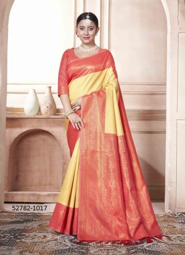 Yellow & Salmon Woven Kanjivaram Silk Saree For Traditional / Religious Occasions