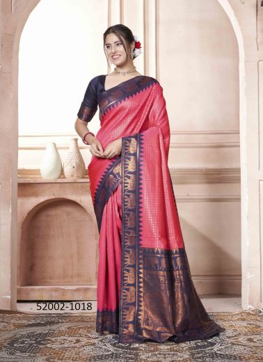 Steel Blue & Red Woven Kanjivaram Silk Saree For Traditional / Religious Occasions