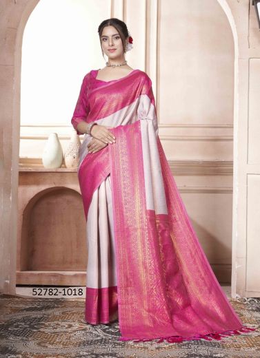 White & Magenta Woven Kanjivaram Silk Saree For Traditional / Religious Occasions