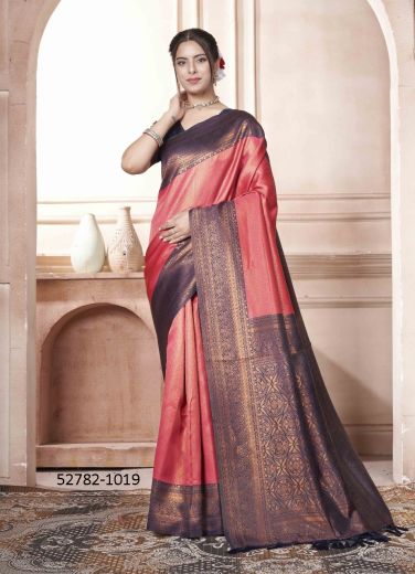 Coral & Dark Violet Woven Kanjivaram Silk Saree For Traditional / Religious Occasions