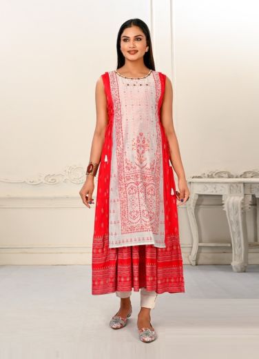 White & Red Cotton Printed Party-Wear Readymade Anarkali Kurti [With Chanderi Shrug]