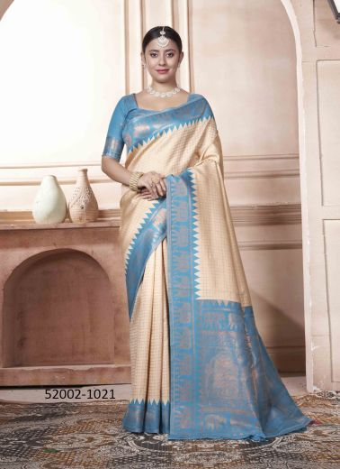 Sky Blue & Magenta Woven Kanjivaram Silk Saree For Traditional / Religious Occasions
