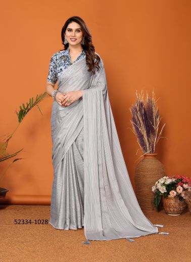 Silver Gray Polyester Zari Digitally Printed Party-Wear Bollywood Saree