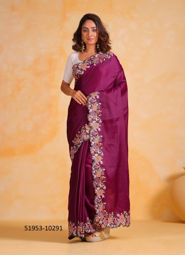 Purple Tusser Silk Thread-Work Party-Wear Saree
