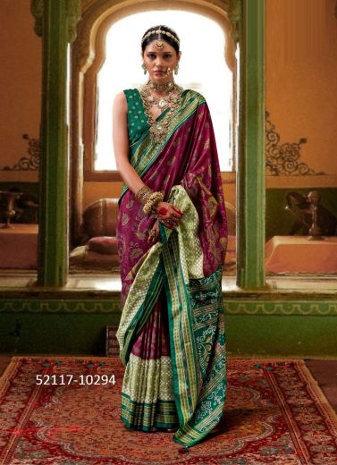 Wine & Sea Green Woven Patola Silk Festive-Wear Saree