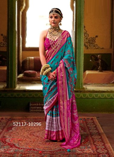 Aqua & Magenta Woven Patola Silk Festive-Wear Saree