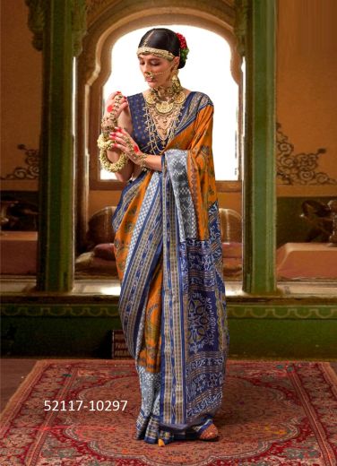 Orange & Blue Woven Patola Silk Festive-Wear Saree