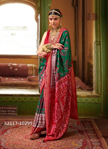 Sea Green & Crismon Red Woven Patola Silk Festive-Wear Saree