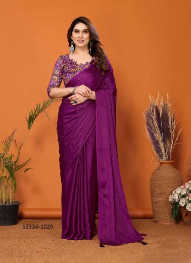 Purple Polyester Zari Digitally Printed Party-Wear Bollywood Saree