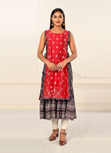 Red & Black Cotton Printed Party-Wear Readymade Anarkali Kurti [With Chanderi Shrug]