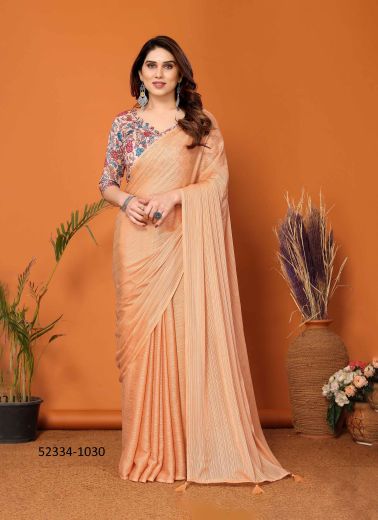 Peach Polyester Zari Digitally Printed Party-Wear Bollywood Saree