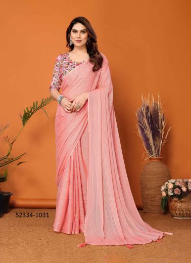 Pink Polyester Zari Digitally Printed Party-Wear Bollywood Saree