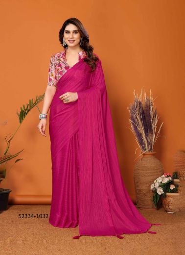 Magenta Polyester Zari Digitally Printed Party-Wear Bollywood Saree