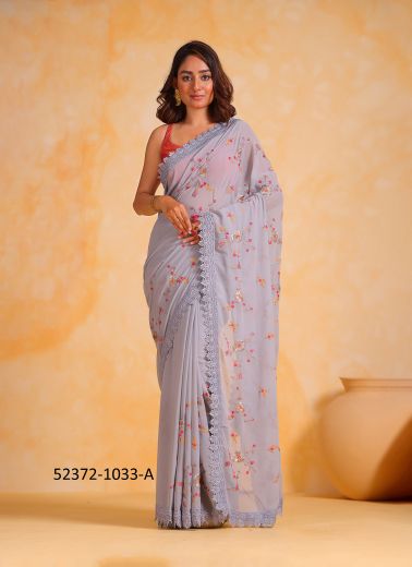 Light Steel Blue Georgette Thread-Work Party-Wear Boutique-Style Saree