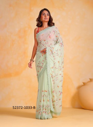 Celadon Georgette Thread-Work Party-Wear Boutique-Style Saree