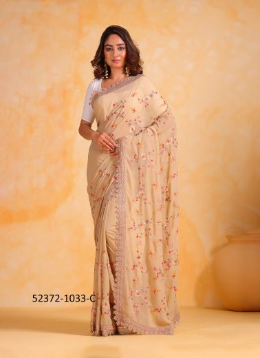 Burlywood Georgette Thread-Work Party-Wear Boutique-Style Saree