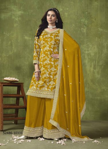 Mustard Yellow Dola Silk Jacquard Embroidered Party-Wear Salwar Kameez