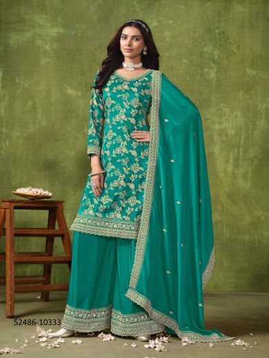 Teal Blue Dola Silk Jacquard Embroidered Party-Wear Salwar Kameez