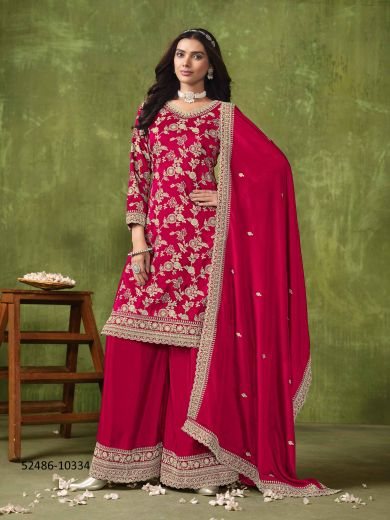 Magenta Dola Silk Jacquard Embroidered Party-Wear Salwar Kameez