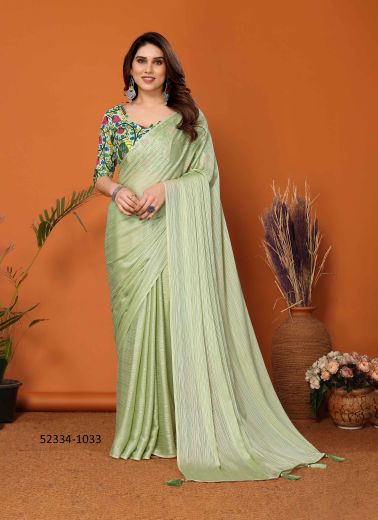 Light Green Polyester Zari Digitally Printed Party-Wear Bollywood Saree