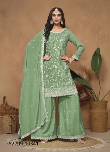 Light Green Chinon Thread-Work Palazzo-Bottom Readymade Salwar Kameez For Traditional / Religious Occasions