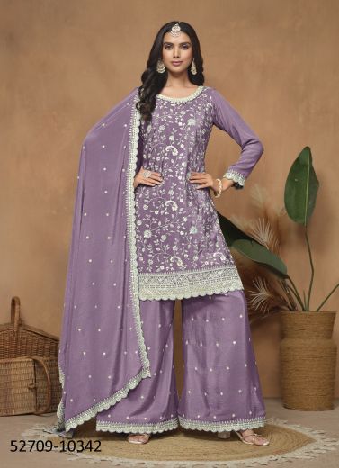 Lavender Chinon Thread-Work Palazzo-Bottom Readymade Salwar Kameez For Traditional / Religious Occasions