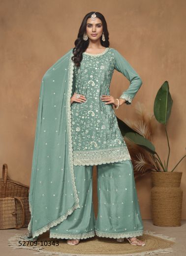 Light Teal Blue Chinon Thread-Work Palazzo-Bottom Readymade Salwar Kameez For Traditional / Religious Occasions