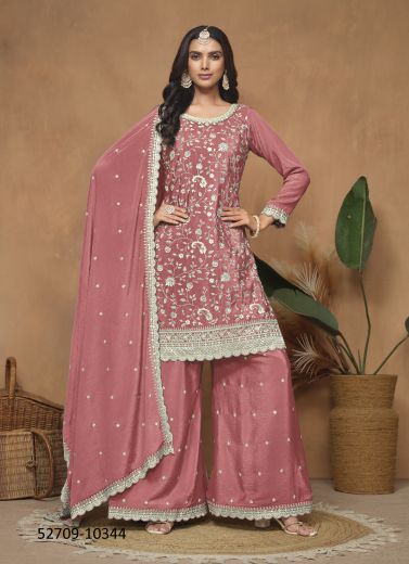 Light Coral Chinon Thread-Work Palazzo-Bottom Readymade Salwar Kameez For Traditional / Religious Occasions