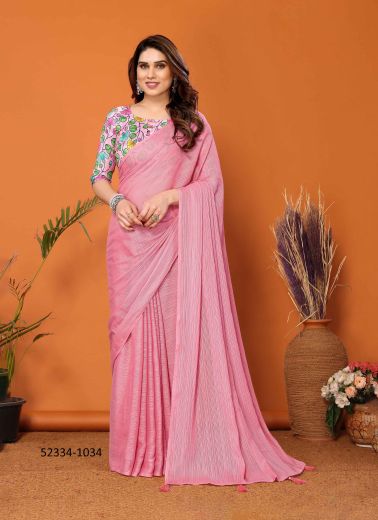 Pink Polyester Zari Digitally Printed Party-Wear Bollywood Saree