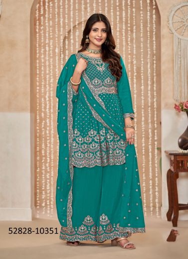 Teal Blue Chinon Embroidered Sharara-Bottom Readymade Salwar Kameez For Traditional / Religious Occasions