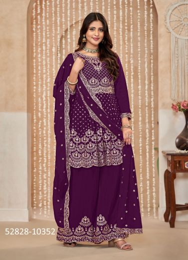 Purple Chinon Embroidered Sharara-Bottom Readymade Salwar Kameez For Traditional / Religious Occasions