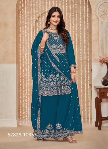 Sea Blue Chinon Embroidered Sharara-Bottom Readymade Salwar Kameez For Traditional / Religious Occasions