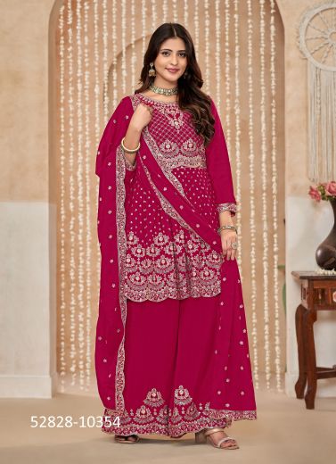 Magenta Chinon Embroidered Sharara-Bottom Readymade Salwar Kameez For Traditional / Religious Occasions