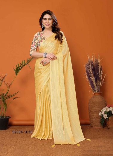 Yellow Polyester Zari Digitally Printed Party-Wear Bollywood Saree