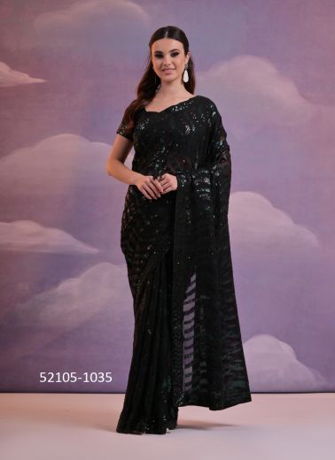 Black Georgette Sequins-Work Party-Wear Bollywood Saree