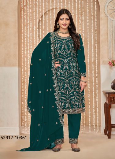 Teal Green Georgette Embroidered Pant-Bottom Readymade Salwar Kameez For Traditional / Religious Occasions