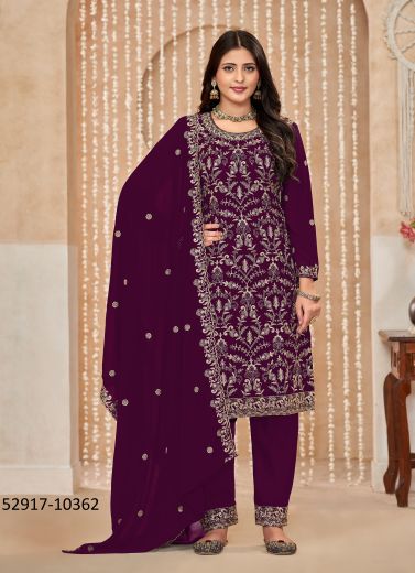 Dark Purple Georgette Embroidered Pant-Bottom Readymade Salwar Kameez For Traditional / Religious Occasions