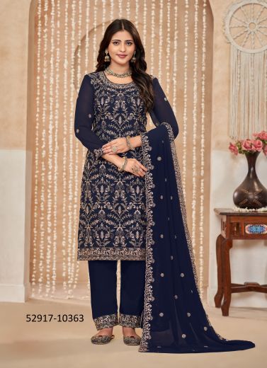 Dark Blue Georgette Embroidered Pant-Bottom Readymade Salwar Kameez For Traditional / Religious Occasions