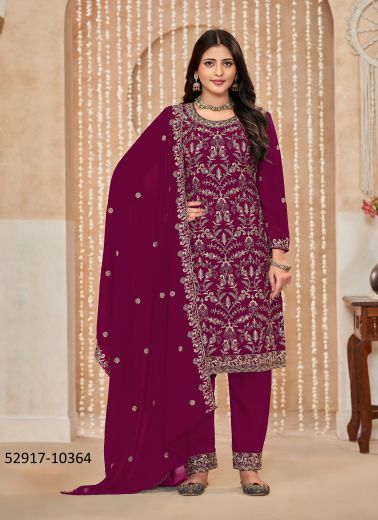 Wine Georgette Embroidered Pant-Bottom Readymade Salwar Kameez For Traditional / Religious Occasions