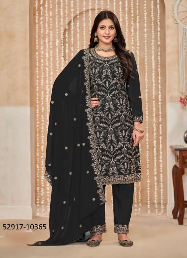 Black Georgette Embroidered Pant-Bottom Readymade Salwar Kameez For Traditional / Religious Occasions