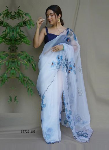 White Organza Printed Beautiful Saree For Kitty-Parties