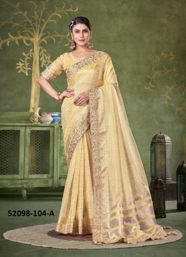 Creamy Yellow Banarasi Linen Gotta-Patti Sequins-Work Saree For Traditional / Religious Occasions