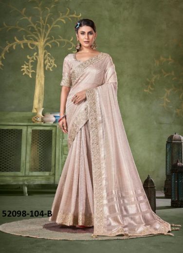 Light Pink Banarasi Linen Gotta-Patti Sequins-Work Saree For Traditional / Religious Occasions