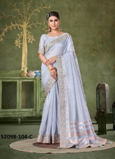 Light Steel Blue Banarasi Linen Gotta-Patti Sequins-Work Saree For Traditional / Religious Occasions