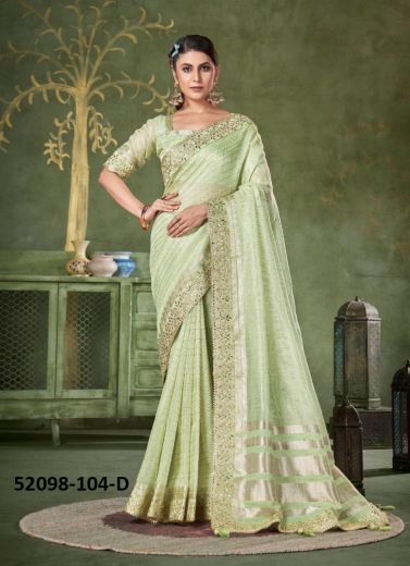 Light Green Banarasi Linen Gotta-Patti Sequins-Work Saree For Traditional / Religious Occasions