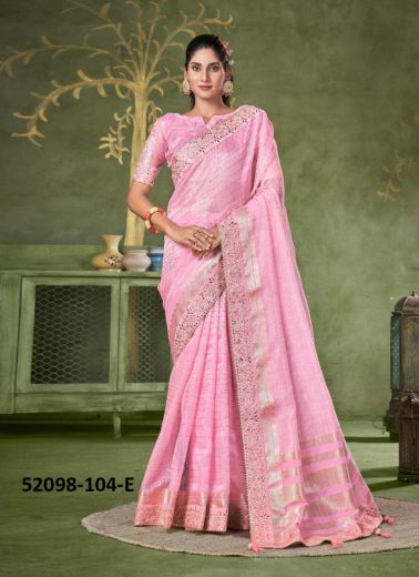 Pink Banarasi Linen Gotta-Patti Sequins-Work Saree For Traditional / Religious Occasions