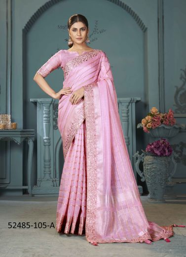 Pink Cotton Woven Sequins-Work Saree For Traditional / Religious Occasions