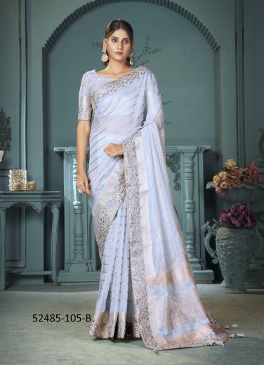 Light Blue Cotton Woven Sequins-Work Saree For Traditional / Religious Occasions